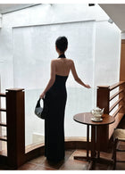 Black Rosette Halter Ruched Slit Maxi Dress - detail or back view