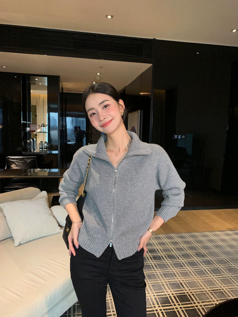 Maven Lin 智性模式 1OO羊毛立领毛衣开衫女双拉链针织外套上衣