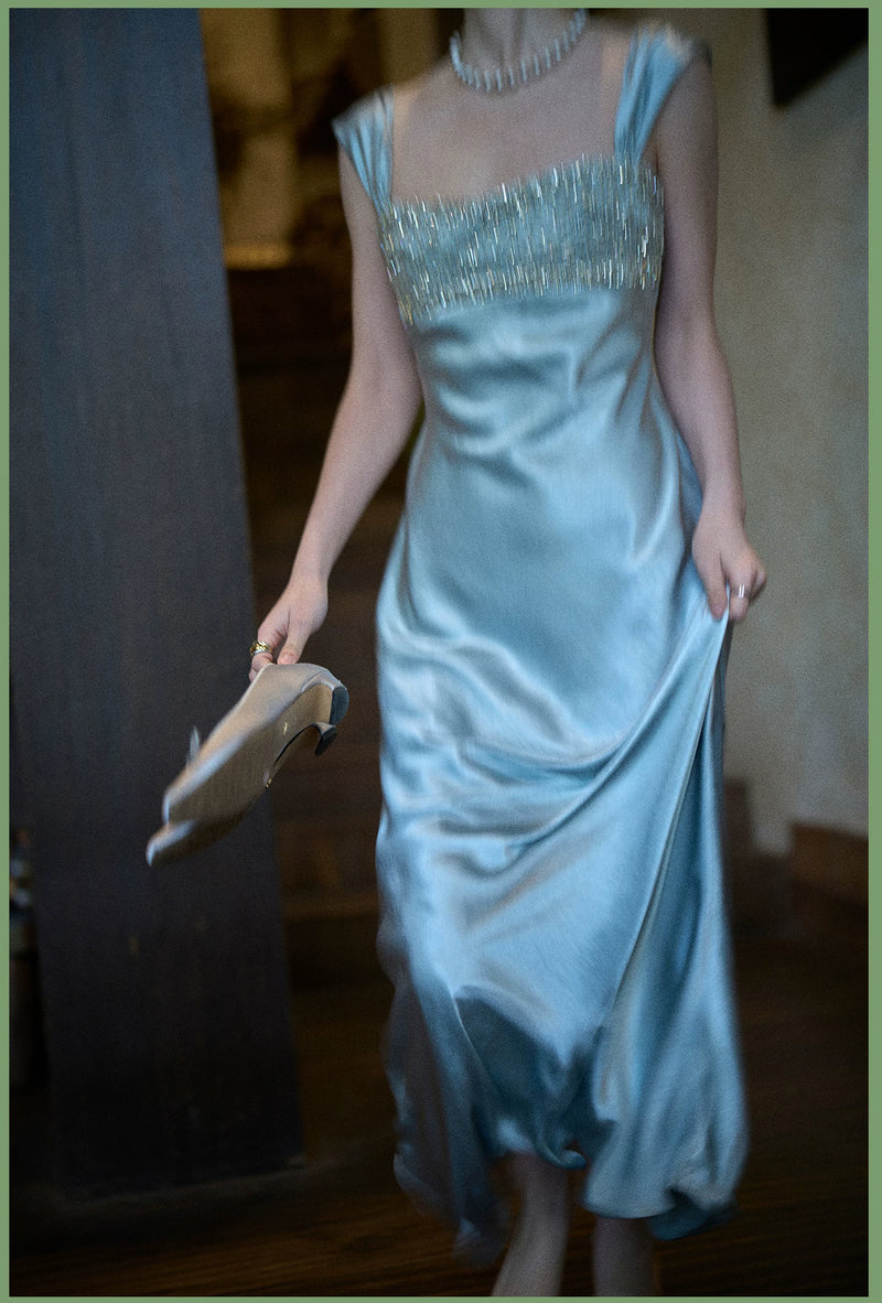 Beaded-Neckline Satin Midi Dress — Blue — view 4