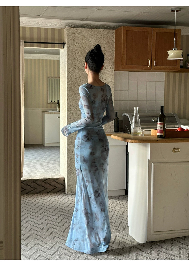 Blue Floral Ring Front Long Sleeve Maxi Dress - detail or back view