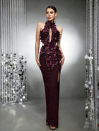 Floral Appliqué Backless Evening Gown - Dark Purple