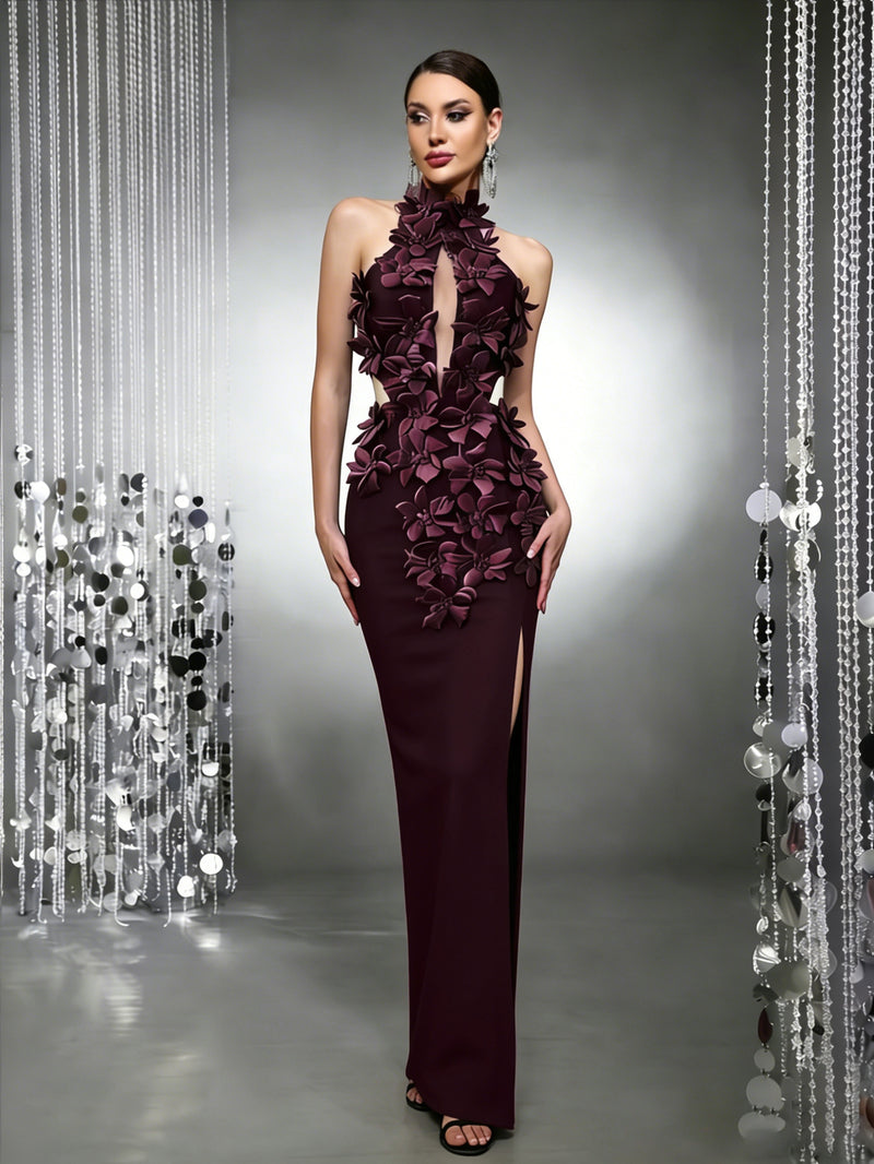 Floral Appliqué Backless Evening Gown - Dark Purple