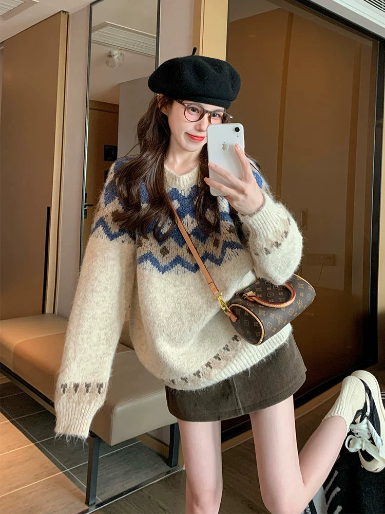 费尔岛套头毛衣女冬季加厚港味复古奶fufu慵懒风小个子内搭针织衫