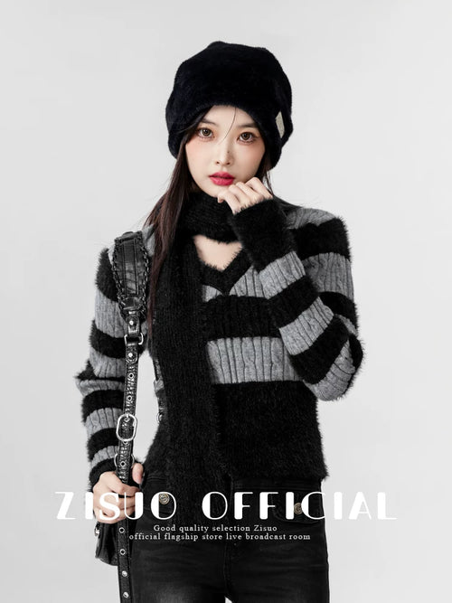 2026春秋新款复古撞色v领毛衣女修身海马毛条纹打底针织衫短上衣
