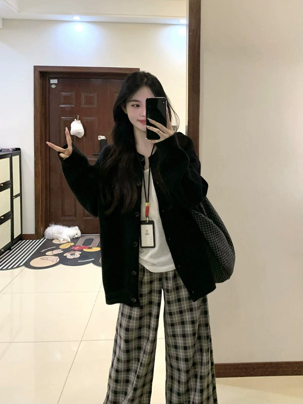 韩系高级感黑色针织开衫女秋冬慵懒宽松休闲外搭毛衣外套圆领上衣