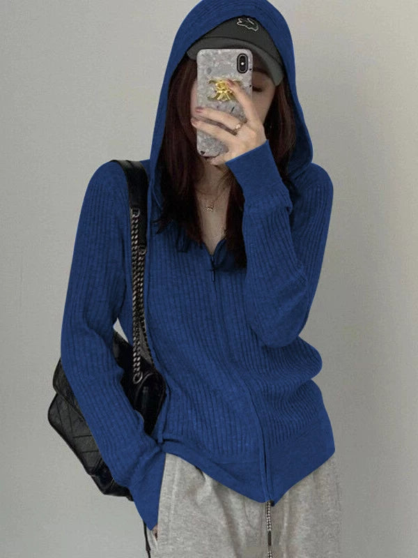 蓝色拉链毛衣外套女秋冬新款超好看针织开衫连帽卫衣内搭打底上衣