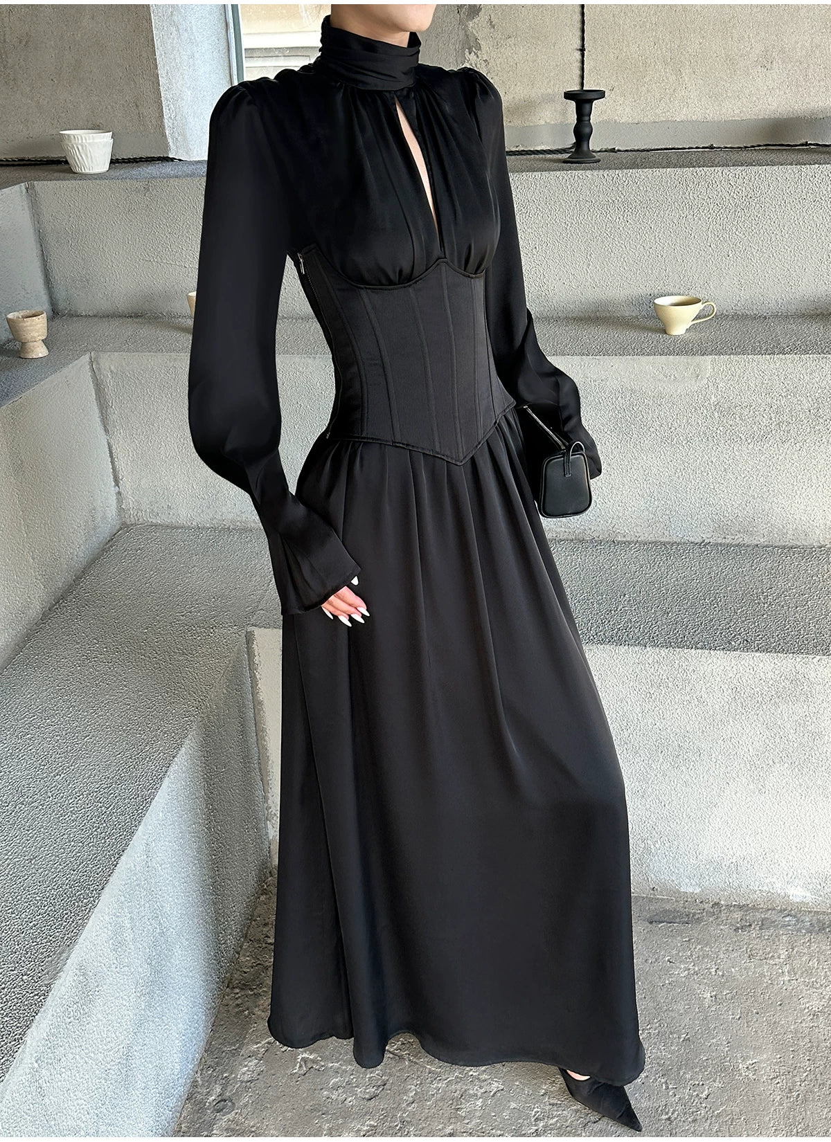 Black High Neck Keyhole Long Sleeve Maxi Dress - detail or back view