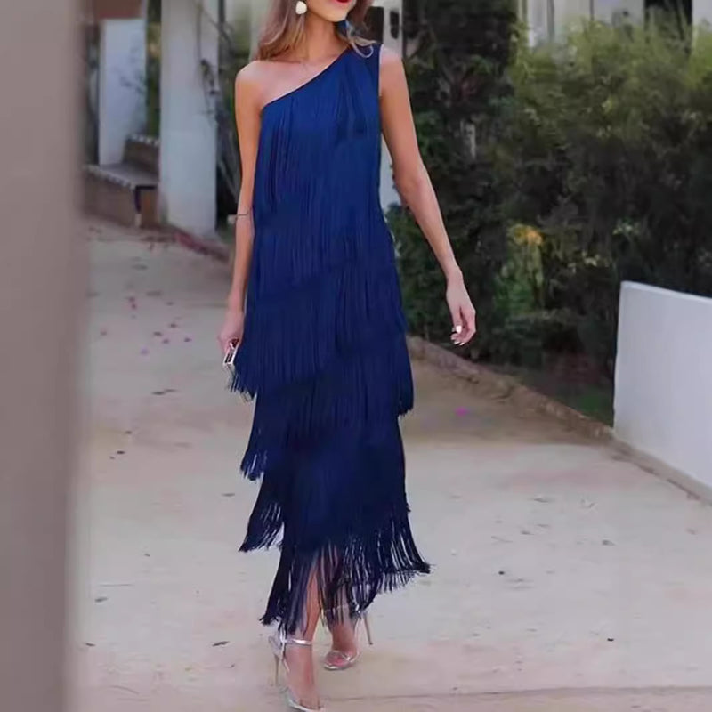 Women's One-Shoulder Fringe Evening Dress