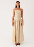 Strapless Ruched Maxi Evening Dress - Khaki