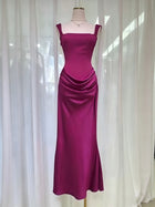 Women's Satin Cowl-Neck Ruched Maxi Evening Dress - Rose Purple