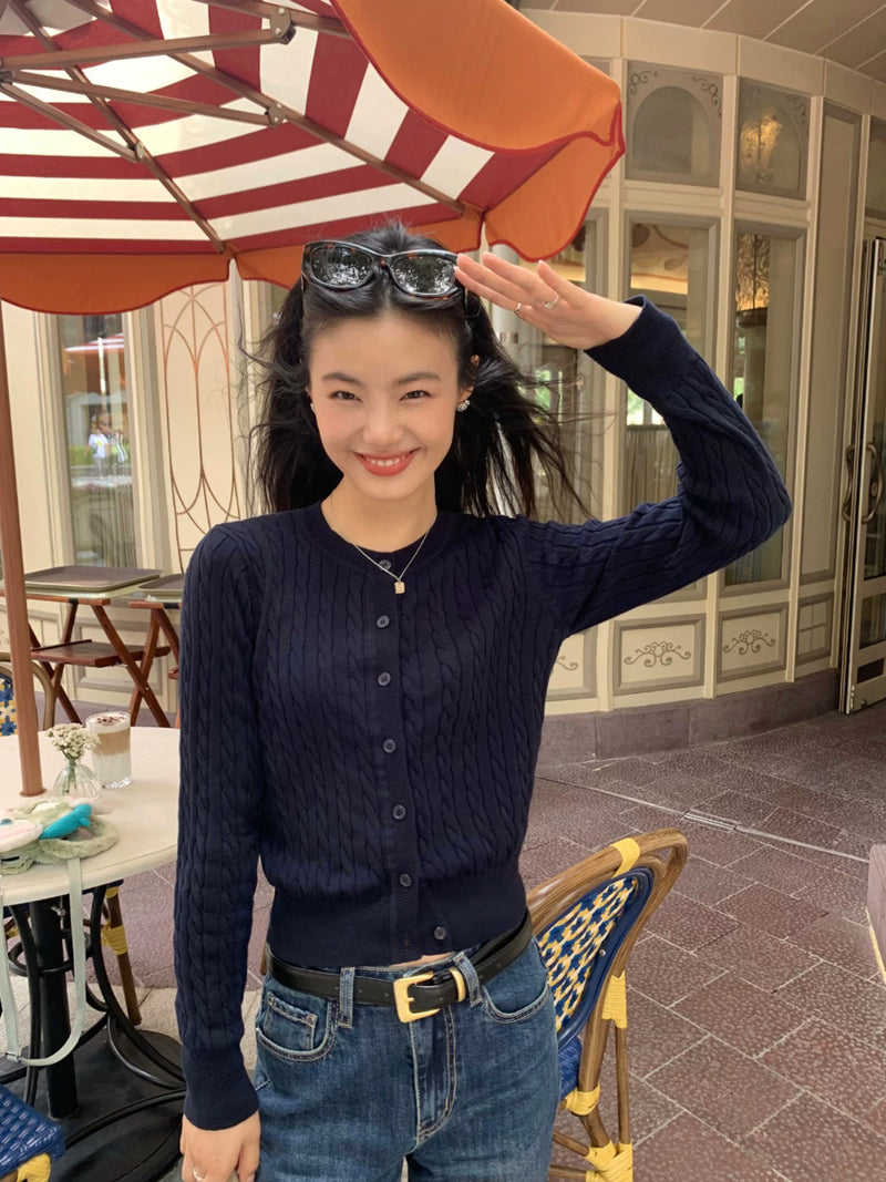 pusumede 头号甜心 复古圆领麻花毛衣开衫外套女气质针织衫上衣