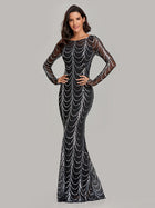 Women's Round-Neck Long-Sleeve Sequin Mermaid Evening Dress - Black
