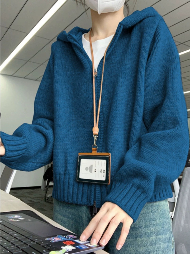 潮牌学生连帽卫衣针织开衫毛衣女秋冬时尚软糯纯色百搭外套上衣厚