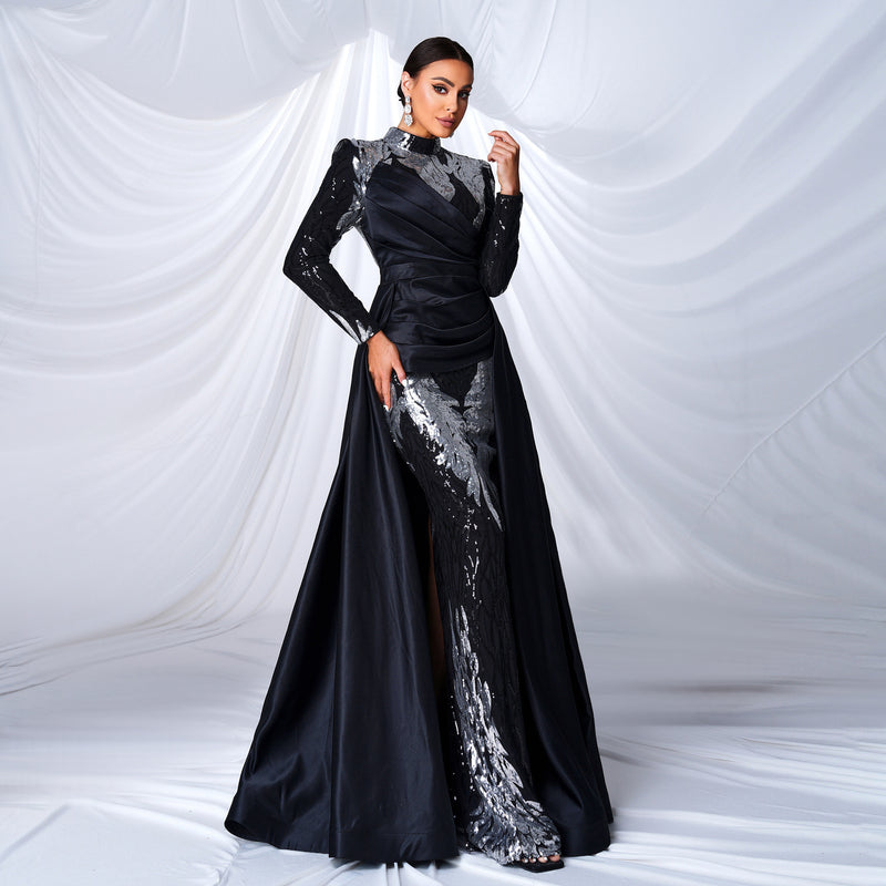 Women's Round-Neck Long-Sleeve Sequin Mermaid Maxi Evening Dress