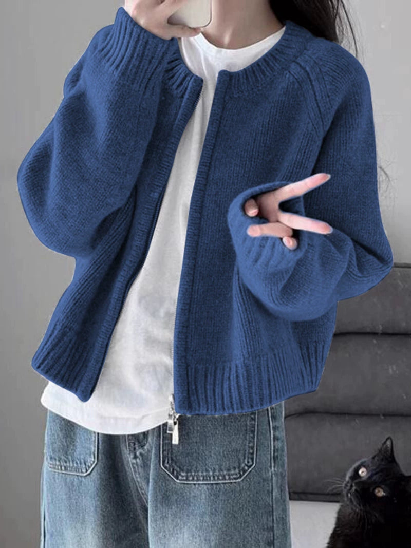 蓝色毛衣外套女针织开衫学生国潮牌秋冬外穿拉链上衣通勤卫衣加厚