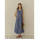 Women's Linen Lyocell Blend Sleeveless Midi Dress | A-Line Belted Dress
