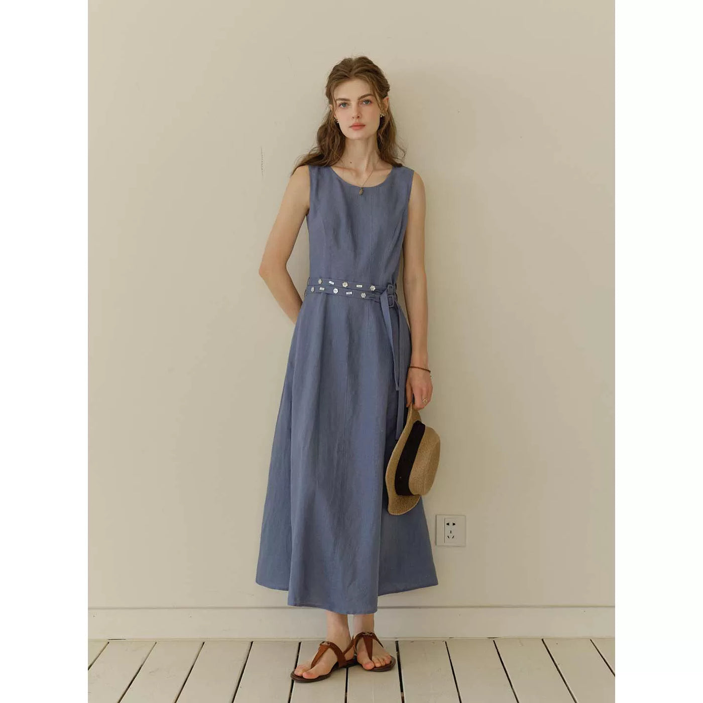 Women's Linen Lyocell Blend Sleeveless Midi Dress | A-Line Belted Dress