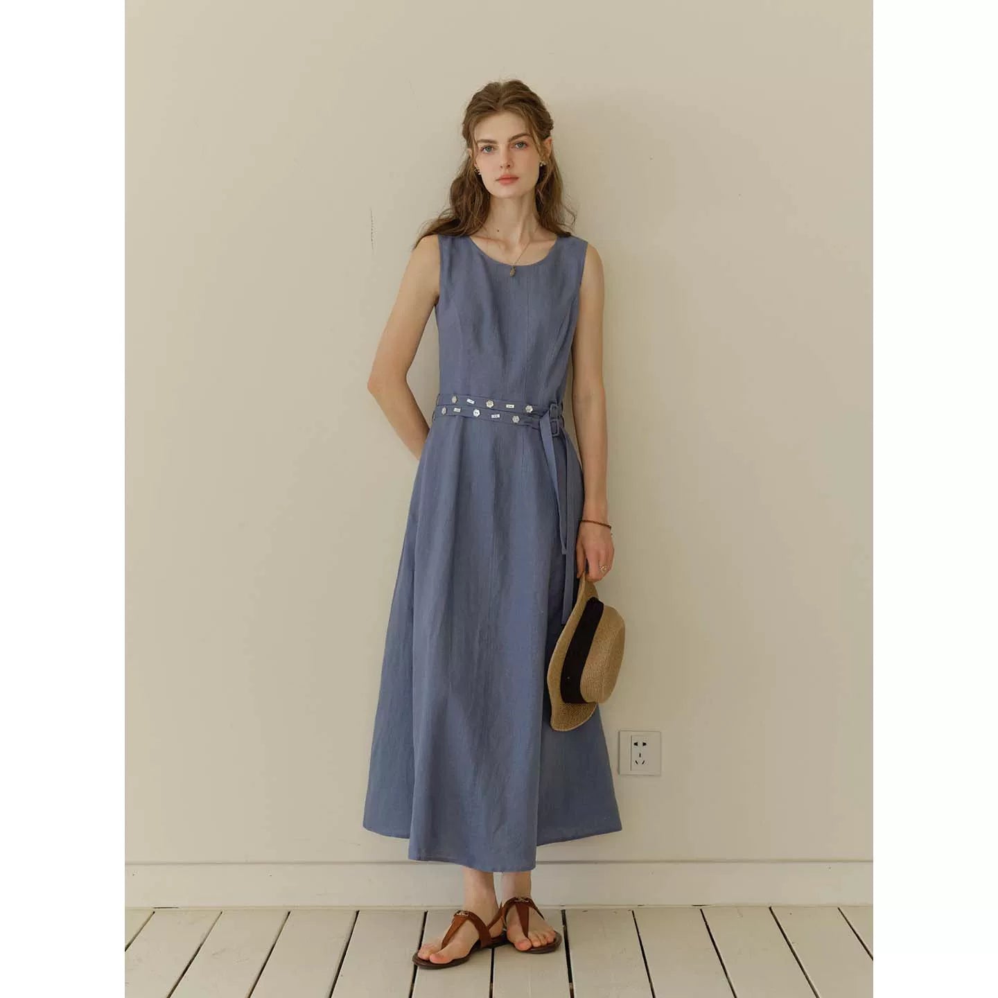 Women's Linen Lyocell Blend Sleeveless Midi Dress | A-Line Belted Dress