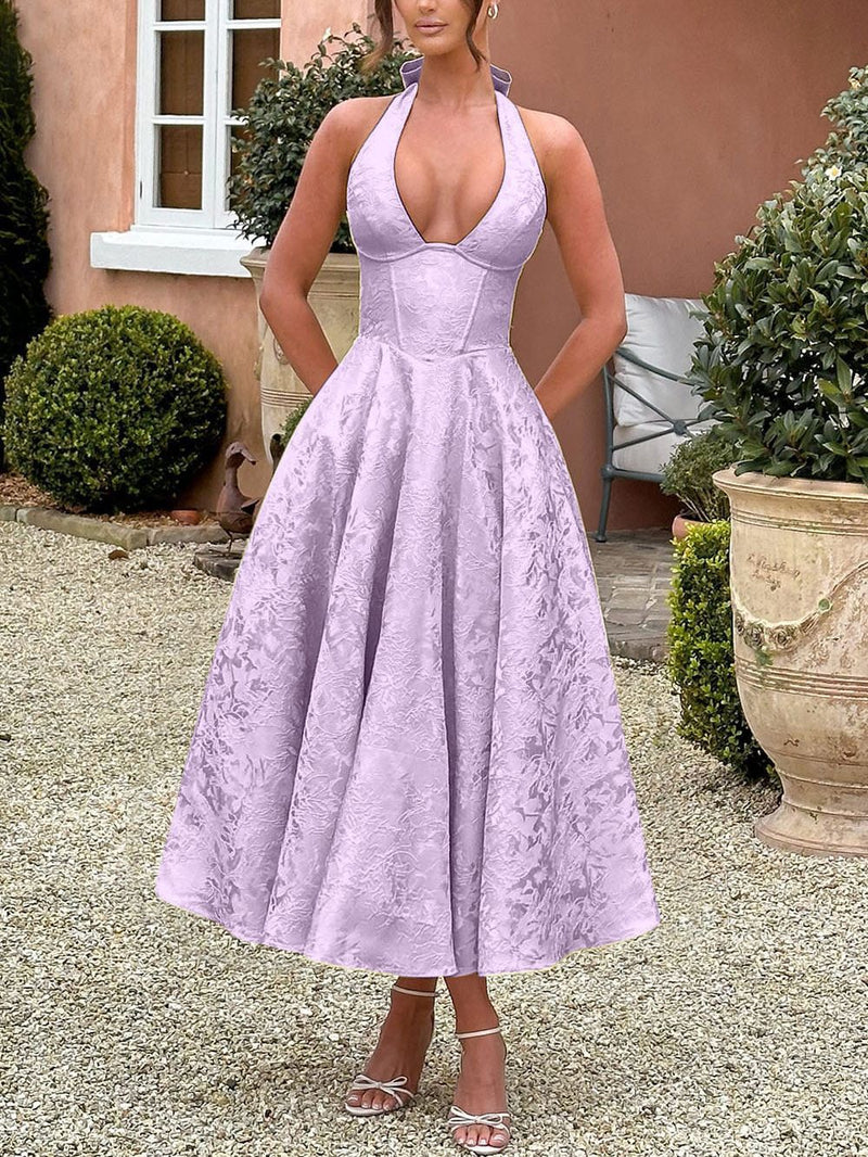 Women's Halter Jacquard Evening Dress with Open Back