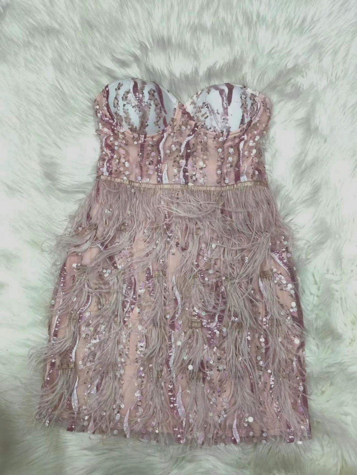 Women's Pink Sequin Feather-Trim Strapless Mini Cocktail Dress