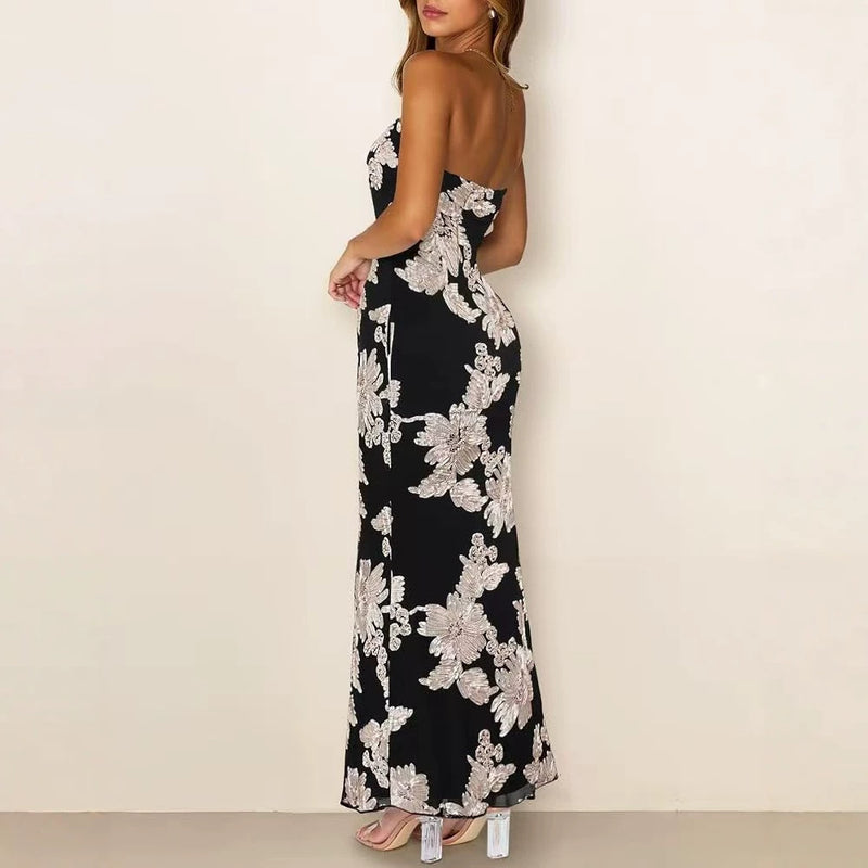 Women's Strapless Floral Bodycon Evening Dress - Black/Apricot