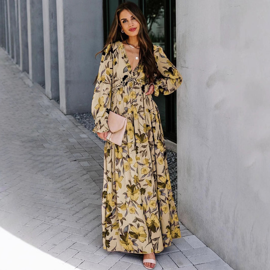 Women's Long-Sleeve Floral Print Maxi Evening Dress