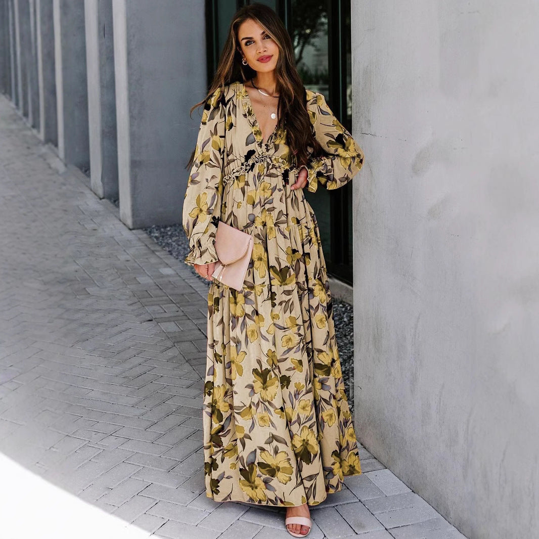 Women's Long-Sleeve Floral Maxi Evening Dress