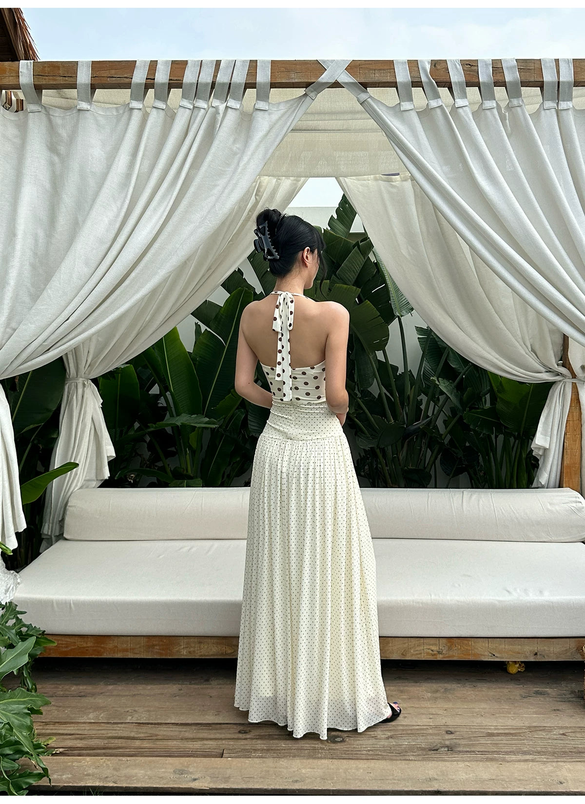 Ivory Polka Dot Ruched Halter Pleated Maxi Dress - detail or back view