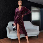 Women's Long-Sleeve Velvet Midi Evening Dress