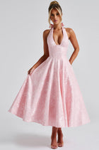 Women's Halter Jacquard Evening Dress with Open Back - Pink