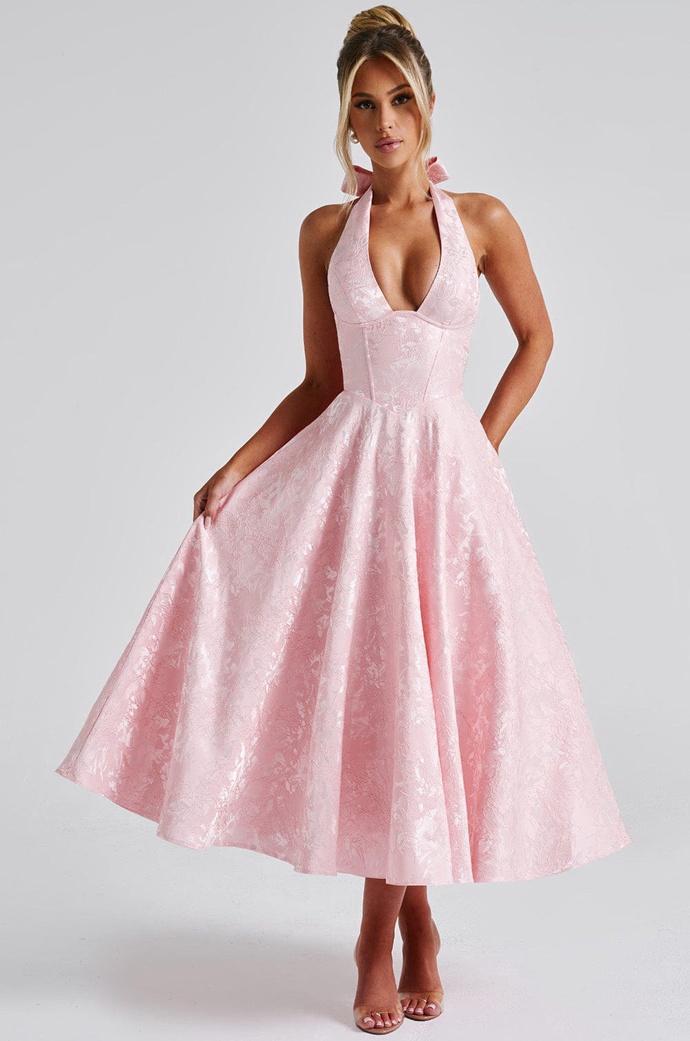Women's Halter Jacquard Evening Dress with Open Back - Pink