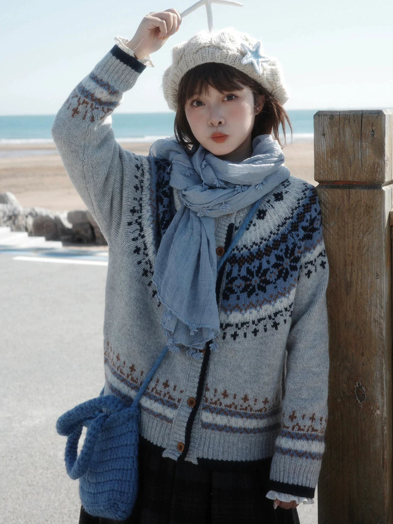 韩系费尔岛毛衣开衫外套女早秋季2026新款慵懒高级感宽松针织上衣