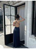 Navy Ring Front Ruched Drop Waist Maxi Dress - detail or back view