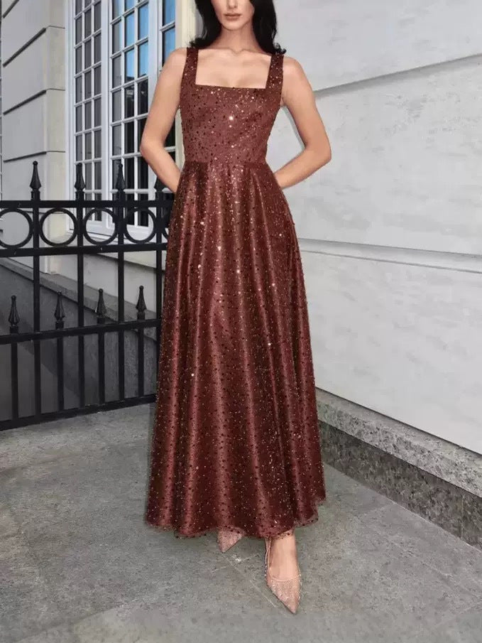 Women's Sleeveless Lace-Panel Maxi Evening Dress - Coffee