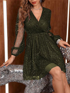 Women's V-Neck Mesh Midi Evening Dress - Olive Green