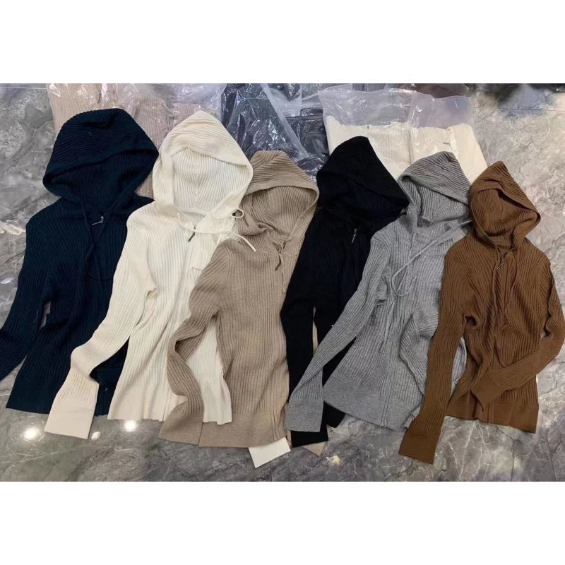 蓝色拉链毛衣外套女秋冬新款超好看针织开衫连帽卫衣内搭打底上衣