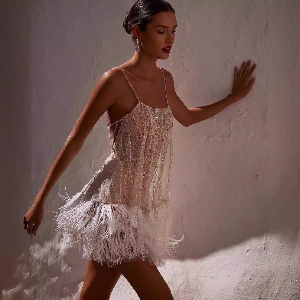 Women's Spaghetti-Strap Sequin Feather-Trim Mini Cocktail Dress with Open Back
