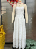 Floral Lace Appliqué Tulle Evening Gown - White