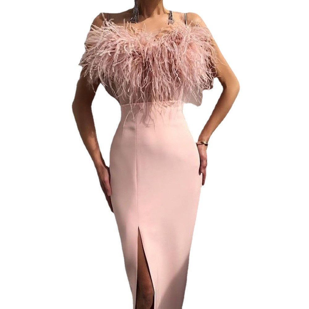 Women's Spaghetti-Strap Feather-Trim Evening Dress