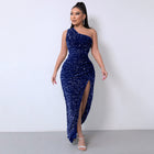 Women's One-Shoulder Sequin Evening Dress with Slit - Blue