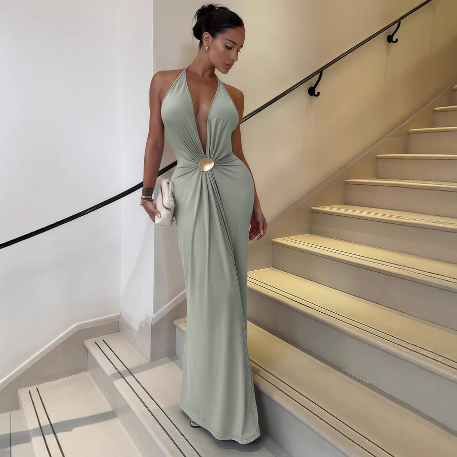 Halter Deep-V Maxi Evening Dress