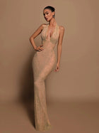Women's Halter Sequin Bodycon Evening Dress - Champagne