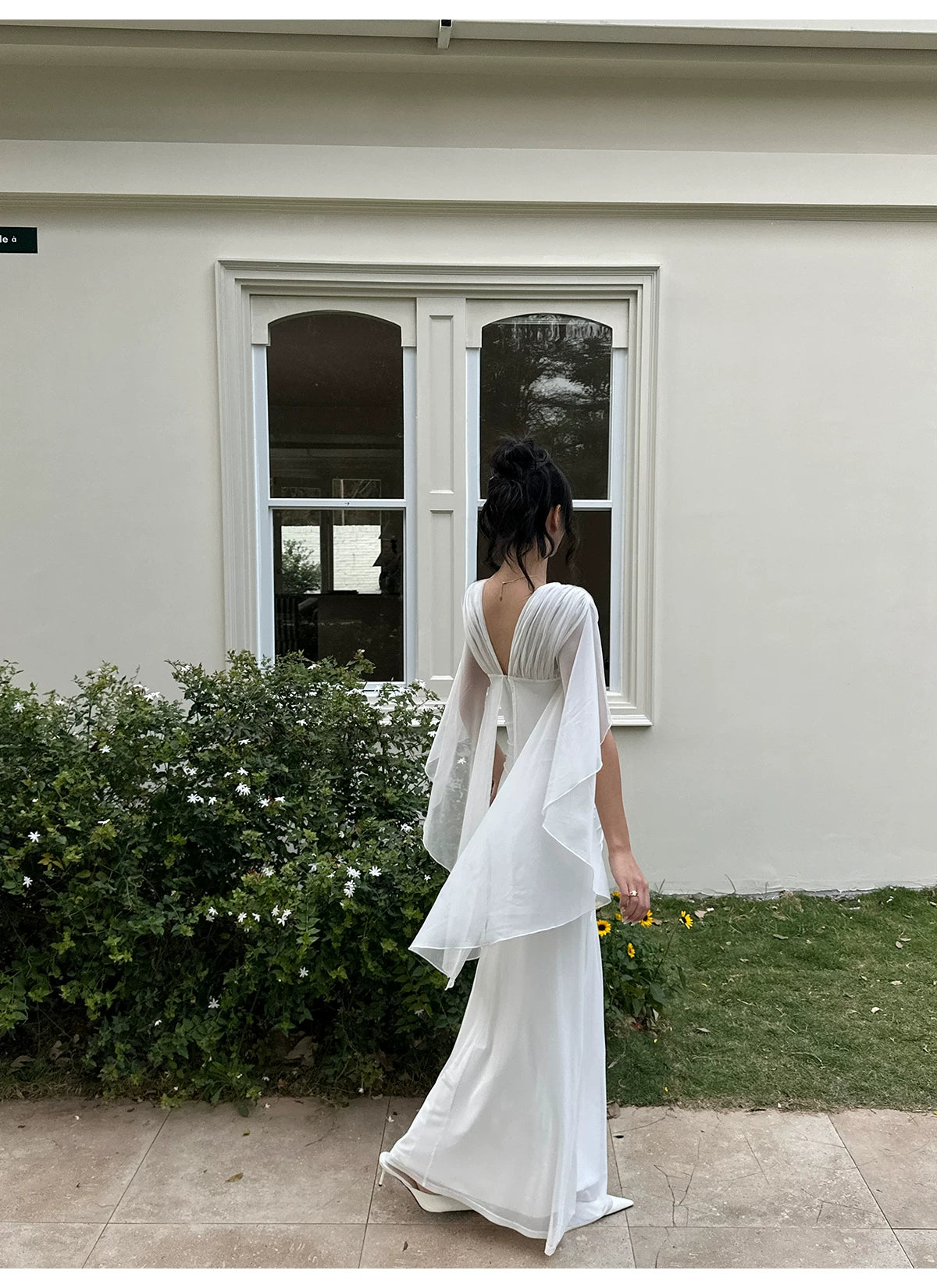 Ivory Ruched Mesh Cape Maxi Dress - detail or back view