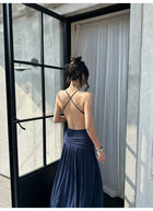 Navy Ring Front Ruched Drop Waist Maxi Dress - detail or back view