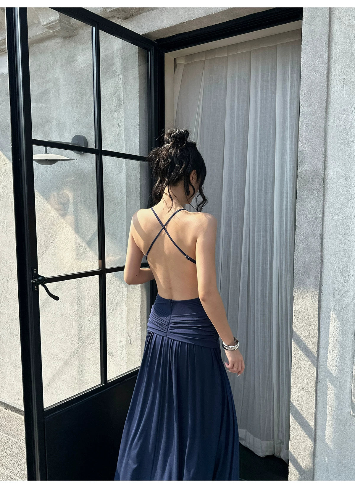 Navy Ring Front Ruched Drop Waist Maxi Dress - detail or back view