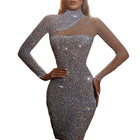 Women's Silver Sequin Long-Sleeve Bodycon Maxi Dress