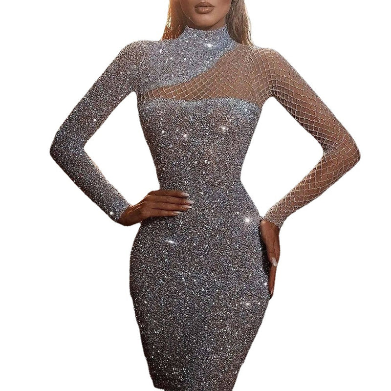 Women's Silver Sequin Long-Sleeve Bodycon Maxi Dress