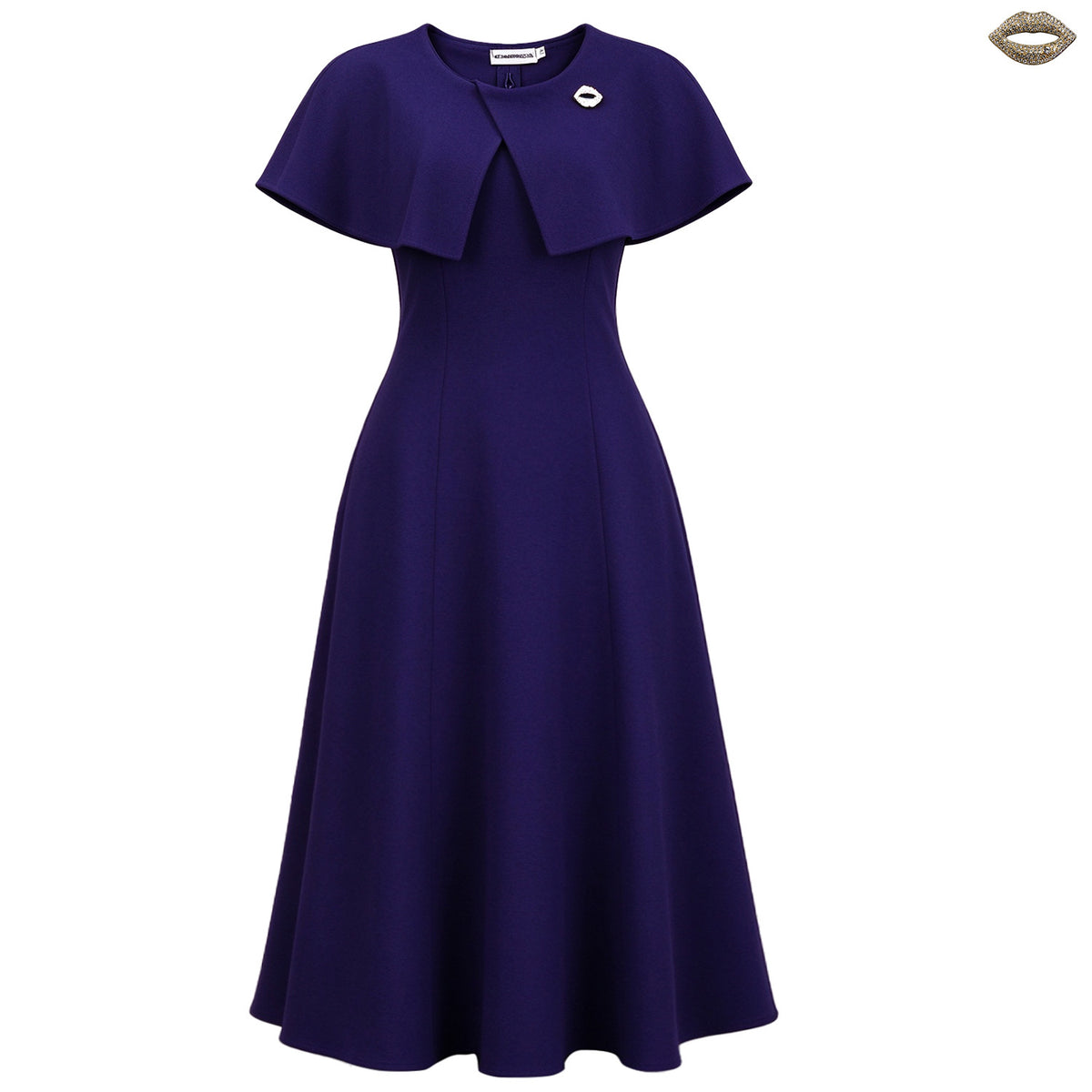 Women's Round-Neck A-Line Midi Evening Dress - Dark Blue with Brooch