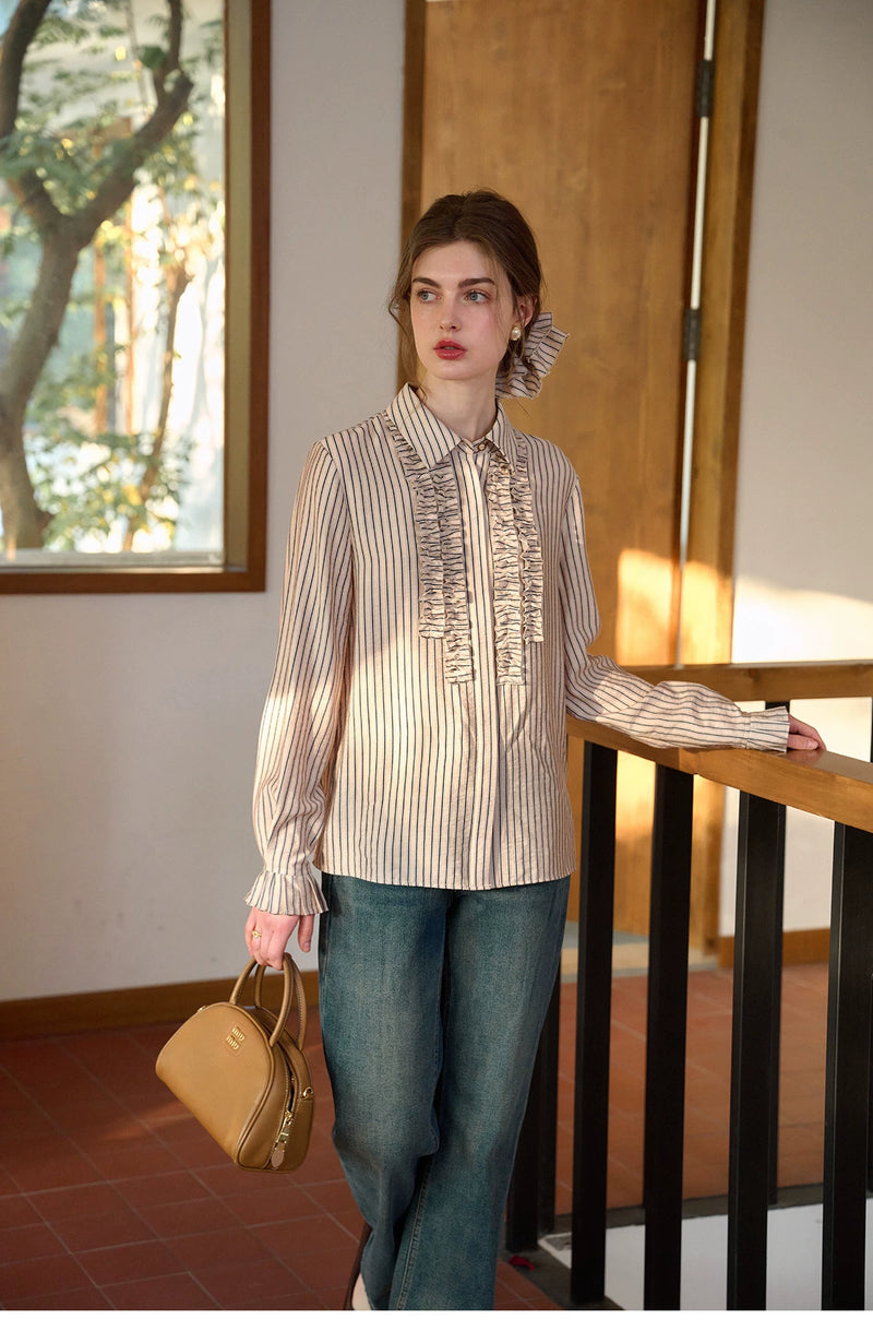 French Style Beige Striped Ruffle Blouse