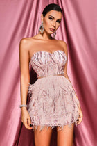 Women's Pink Sequin Feather-Trim Strapless Mini Cocktail Dress
